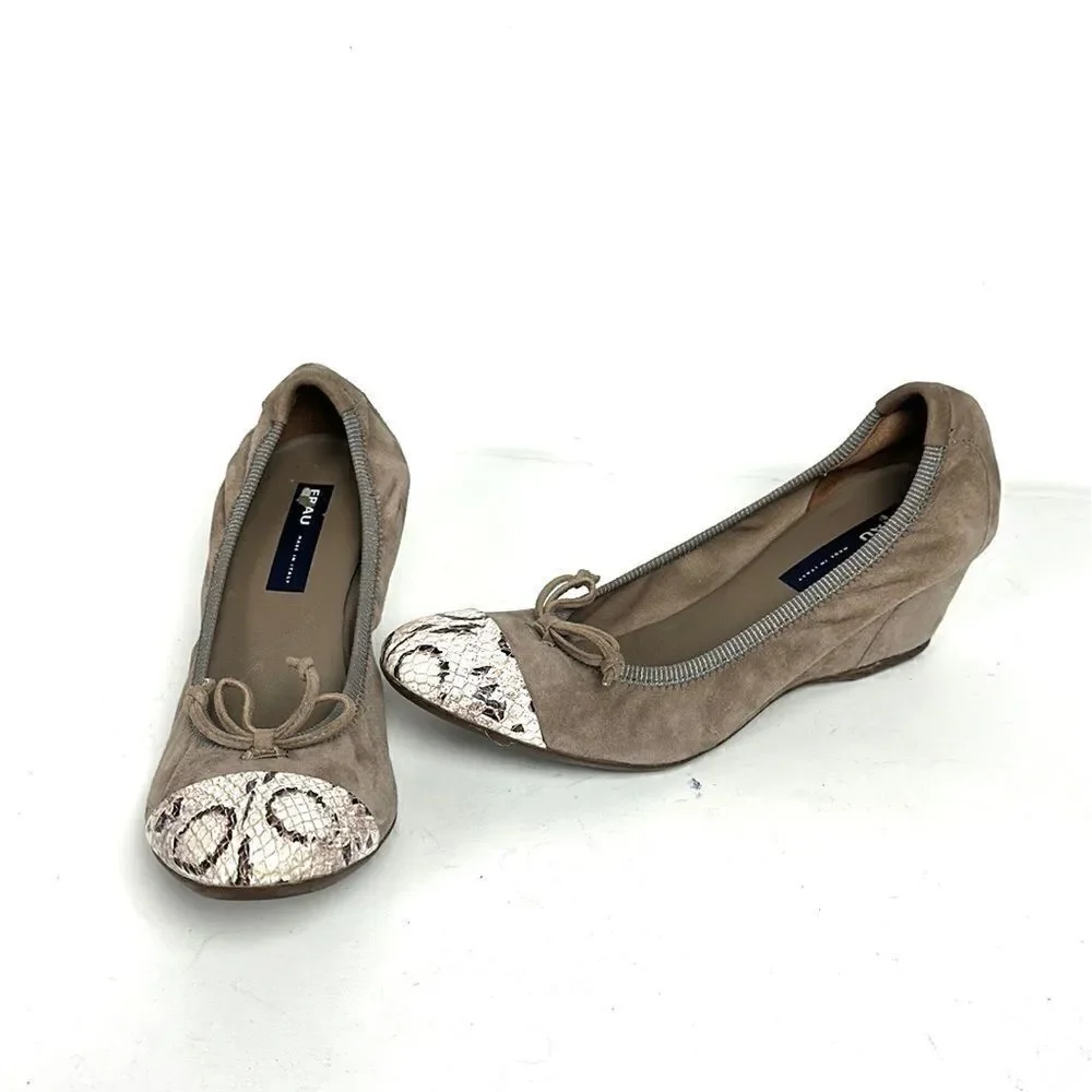 FRAU Suede Leather Wedge Pump Taupe Python Snake Print Toe IT 40 US 8